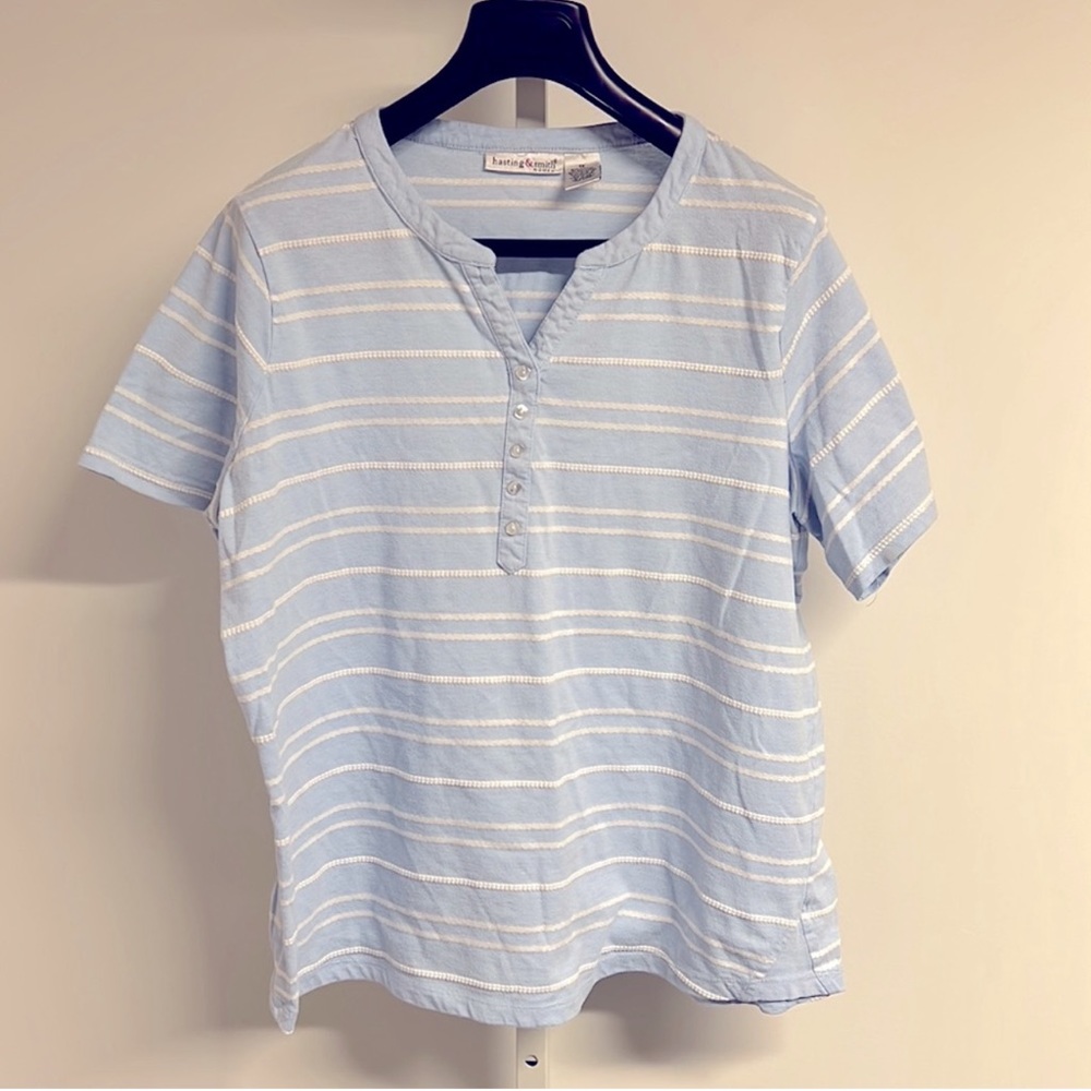 HASTING & SMITH | Cotton Blend Blue/White Striped Half Button Down Shirt